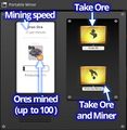 The UI of the Portable Miner, showing the mined ores and the buttons to pick up the ores or the miner.